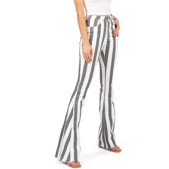 Saints & Hearts Blue + White Stripe Bell Bottom Flare Frayed Hem Jeans - Large - Picture 10 of 10